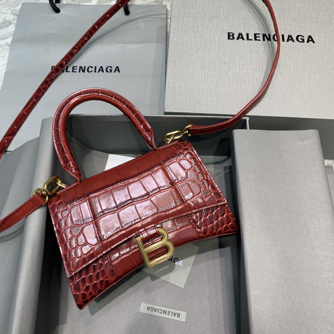 Balenciaga Hourglass XS Handbag Crocodile Embossed Shoulder Bag Burgundy